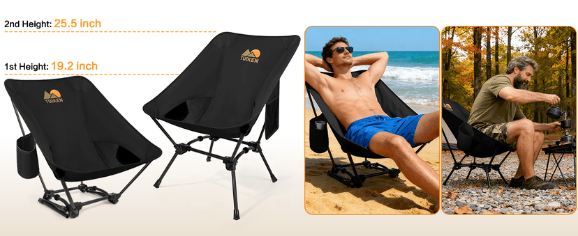 Ultralight Camping Chair Backpacking Chair, Portable Camp Chair with Cup Holder & Storage Bag, Lightweight Compact Folding Chair for Hiking, Travel, Picnic Mountaineering(Deep Black)