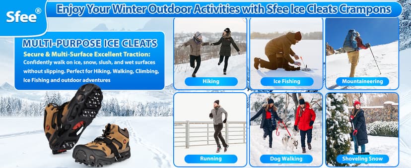 Sfee Crampons Ice Cleats for Shoes and Boots, 28 Steel Shoe Spikes Ultra-Grip Ice Cleats for Men Women Non-Slip Snow Traction Ice Grippers for Shoes and Boots for Walking, Hiking, Climbing, Fishing