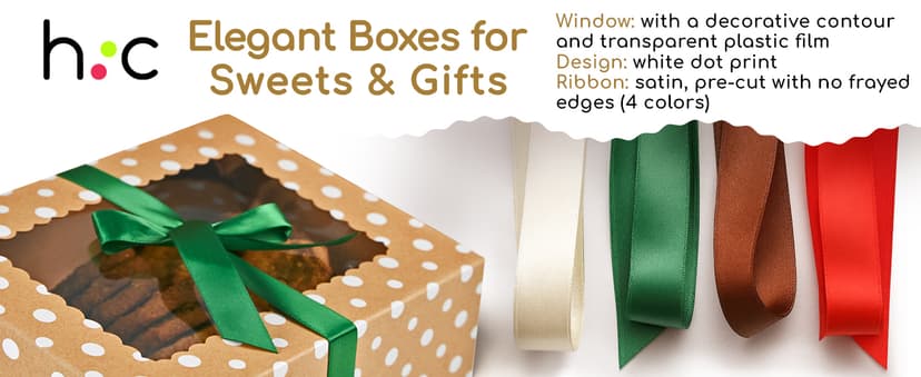 Brown Kraft Cookie Boxes with Ribbons & Window (20 Pack) 8.3 x 6 x 2.8” Food Grade Cardboard Bakery Gift Boxes for Christmas Gift Giving, Baked Goods, Candy Treats, Decorative Holiday Packaging, Empty