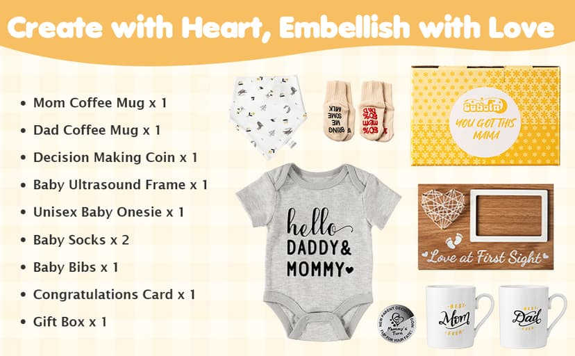 Pregnancy Gifts for First Time Moms - New Parents Gift Set Pregnancy Announcement Baby Shower Basket Mom & Dad Mugs, Baby Ultrasound Frame, Decision Coin, Onesie, Bib and Socks