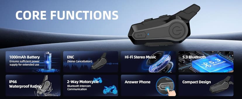 Motorcycle Bluetooth Headset Wireless Helmet 2-Way 400M Intercom Headphone with CVC Noise Cancellation Stereo Music IPX6 Waterproof for Half/Open Face Helmet 2 Pack