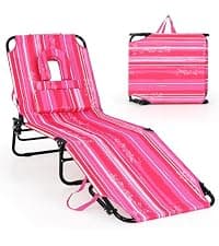 COSTWAY Tanning Chair with Face Hole, Folding Beach Lounge Chair with 4-Position Adjustable Backrest, Pillow & Side Pocket, Foldable Chaise Lounge Chair Outdoor for Sunbathing, Camping (1, Beige)
