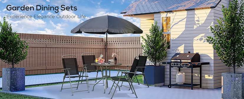 Outsunny 6 Piece Patio Dining Set for 4 with Umbrella, Outdoor Table and Chairs with 4 Folding Dining Chairs & Round Glass Table for Garden, Backyard and Poolside, Black and Coffee