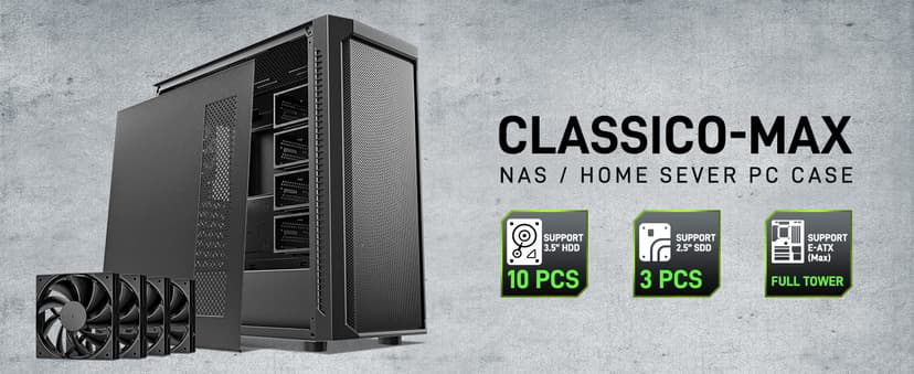 DARKROCK Classico Max Storage Master E-ATX Computer Case with 4x120mm Black Fan, 10 x3.5 HDD+3 x2.5 SDD USB 3.0 Ready, 360mm Radiator Supported, Vertical Slots for GPU Vertically Mount - Black