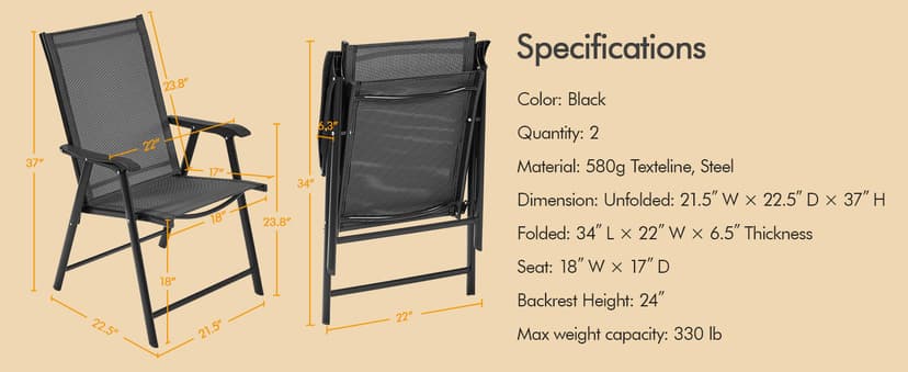 Yaheetech Patio Dining Chairs Set of 4 with Armrests, Outdoor Folding Chairs with Metal Frame and Backrest for Lawn, Garden, Yard and Poolside, Black