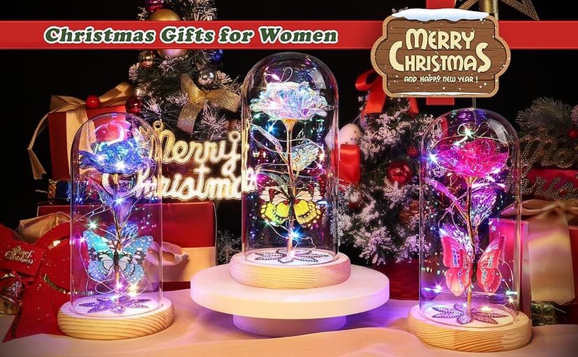 Beferr Christmas Rose Gifts for Women Mom Birthday Gifts, Galaxy Glass Rose Forever Preserved Flowers for Delivery Prime Light Up Rose in Glass Dome with Butterfly Xmas Gifts for Grandma Her Wife