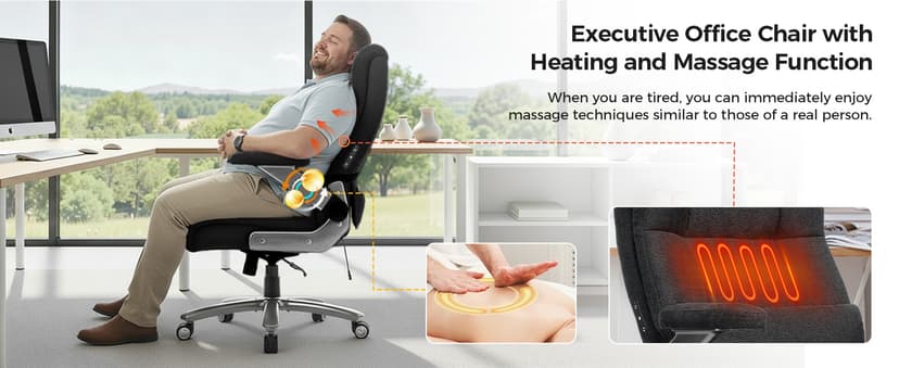 600LBS Big and Tall Massage Office Chair, Extra Wide Seat - 3D Kneading Massage & Heat Office Chair with Heavy Duty Metal Base, 3D Flip Arms, Fabric Ergonomic with Thick Spring Cushion