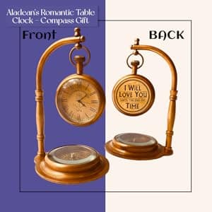 ALADEAN Brass Table Clock with Compass | Romantic Desk Clock - Decorative Vintage Mechanical Clock Lovers Boyfriend/Husband Birthday/Wedding Gifts (Love You)