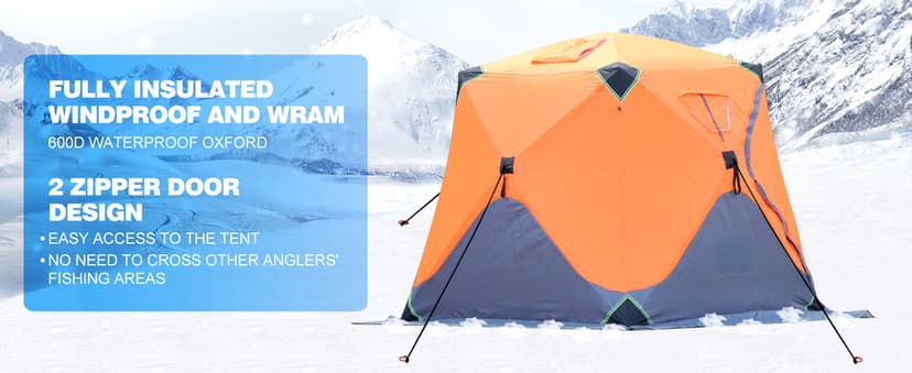 ABXMAS Ice Fishing Shelter 3-4 Person, Portable Insulated Ice Fishing Tent with Stove Jack, Hub-Style Shelter Shanty Waterproof 600D Insulated Layer 2 Doors 2 Windows for Winter
