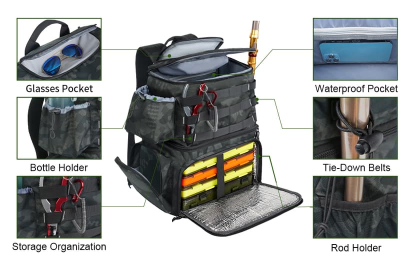 Water Resistant Fishing Bag Fits 4 3600 Trays, Large Wide Open Tackle Box Backpack, Gifts for Fishermen MATEIN Fishing Backpack, Tackle Storage Bag with Rod Holders & Cooler B09PTHT4H5