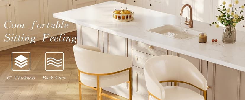 Modern Counter Height Bar Stools,Bar Stools Set of 3,PU Leather Upholstered Barrel Barstools with Backs,26" Kitchen Island Chairs,Metal Gold Frames,Beige White Leather