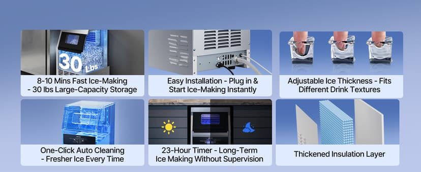 VEVOR Commercial Ice Maker Machine, 130 lbs/24h with 30 lbs Storage Capacity, Built-in/Freestanding/Under Counter, Stainless Steel Ice Maker with LED Display & Self-Cleaning, for Home Bar Restaurant