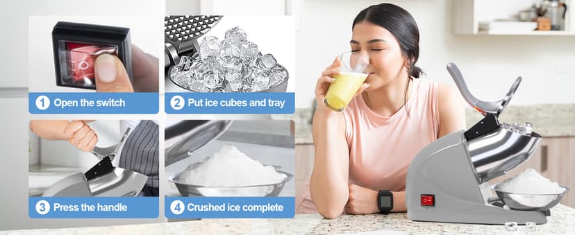 Shaved Ice Machine, Electric 3 Blade Snow Cone Machines, 380W Ice Crusher Machine, 286 lb/hr Ice Crusher, Ice Shaving Machine for Home and Commercial (Silver)