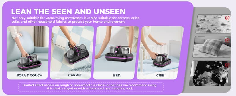 Mattress Vacuum Cleaner - 5-in-1 Cordless Bed Vacuum Cleaner, Powered by Ultrasonic Technology, 16Kpa Strong Suction,Low Noise,Suitable for Dust, Pet Hair, Etc - Grey