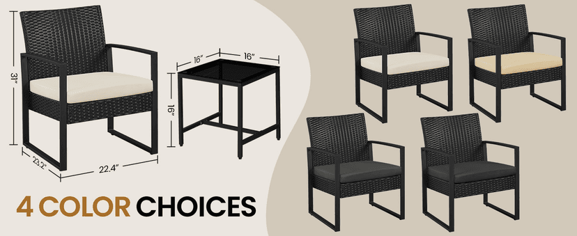 Yaheetech 3 Pieces Rattan Bistro Set, Outdoor Wicker Patio Modern Conversation Furniture, 2 Chairs & Tempered Glass Coffee Table for Garden, Balcony, Backyard, Poolside, Black/Beige