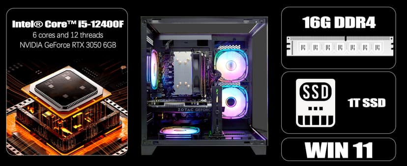 LXZ Gaming PC Desktop, I5-12400F, 2.5GHz, GeForce RTX 3050 6GB, 16GB DDR4 RAM, 1TB NVME SSD, for Gaming and Work, Black