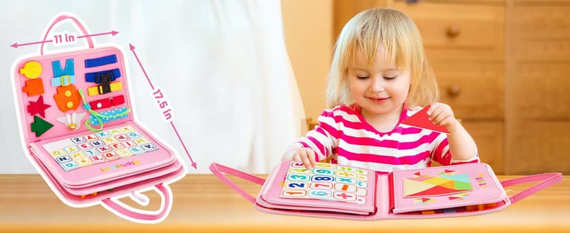 Montessori Busy Board for Toddlers 1-4 Years Old – Sensory Educational Toy for Fine Motor Skills, Travel-Friendly Activity Book, for Boys & Girls, Pink