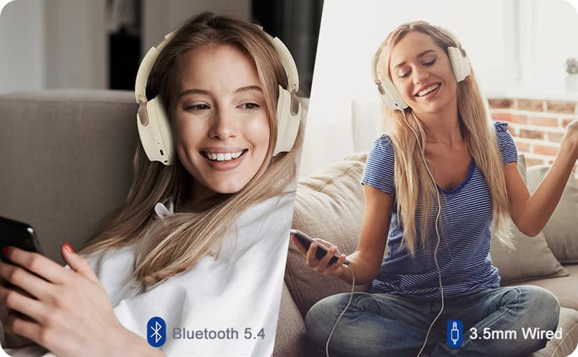 RORSOU B8 Bluetooth Headphones Over Ear, 6 EQ Music Modes and 50H Playtime Deep Bass Wireless Headphones with Mic, Lightweight Folding HiFi Stereo Headset for iPad/Travel/Tablet/PC/Home Beige White