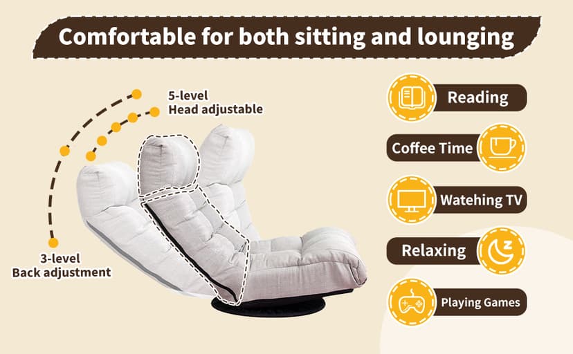 Swivel Lazy Floor Chair with Ottoman, Adjustable Reclining Floor Lounger with Back Support, Comfy Tatami Sofa Seat for Adults Bedroom & Gaming