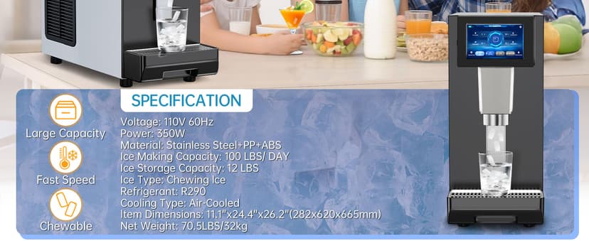Commercial Nugget Ice Maker Machine, 100Lbs/24H Pellet Chewable Ice, 3-IN-1 Nugget Ice Maker with Ice & Water Dispenser, Self-Cleaning Countertop Stainless Steel Ice Machine for Business, Office,Party