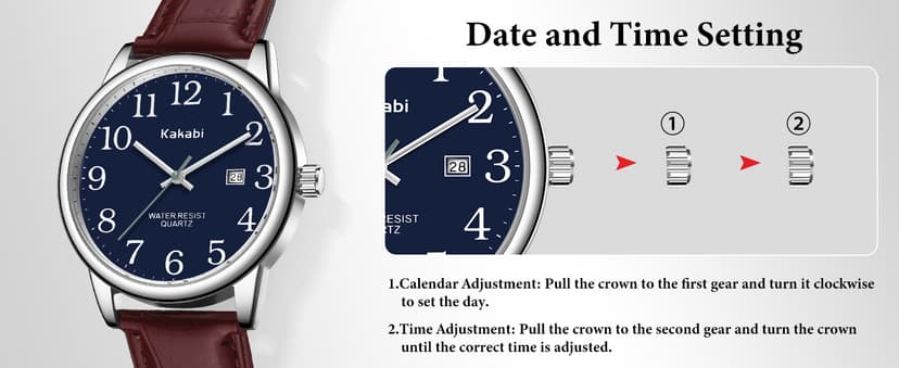 Kakabi Watch for Men, Easy Reader Unisex Analog Quartz Waterproof Wristwatch with Date and Leather Band, Casual Simple Fashion Mens Watches Gift
