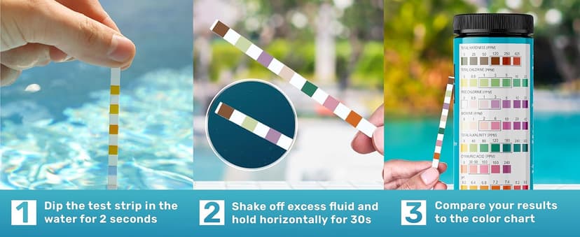 JNW 7-in-1 Pool Test Strips, 150 Quick & Accurate Test Strips for Pool Water, Spa Test Strips for Hot Tub, Chlorine Test Strips, Bromine, pH, Alkalinity, Hardness & More - Swimming Pool Test Kit