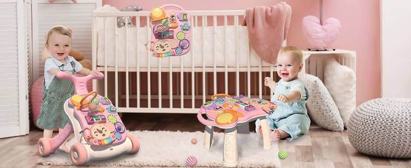 QDRAGON 3 in 1 Baby Walker and Activity Center for Girl, Learning to Walk, Sit to Stand, Early Educational Push Toys with Music Panel for Infant Toddler 12+ Months Pink