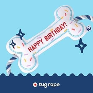 Birthday Bone Interactive Dog Toy - Interactive Tug Rope Pet Toy - Cute Unique Design Party Birthday Gift - Small Medium Puppy - Durable Chew Resistant Plush Toy with Squeaker for Teething (White)