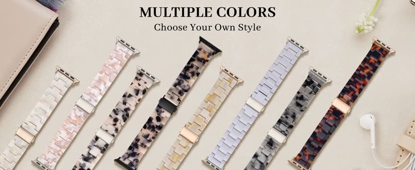 V.R.HOPE Resin Watch Band Compatible with Apple Watch Band for Women 38mm 40mm 41mm 42mm Tortoise Fashion Lightweight Bracelet Strap for iWatch Series 11/10/9/8/7/6/5/4/3/2/1/SE3 (Black Floral)