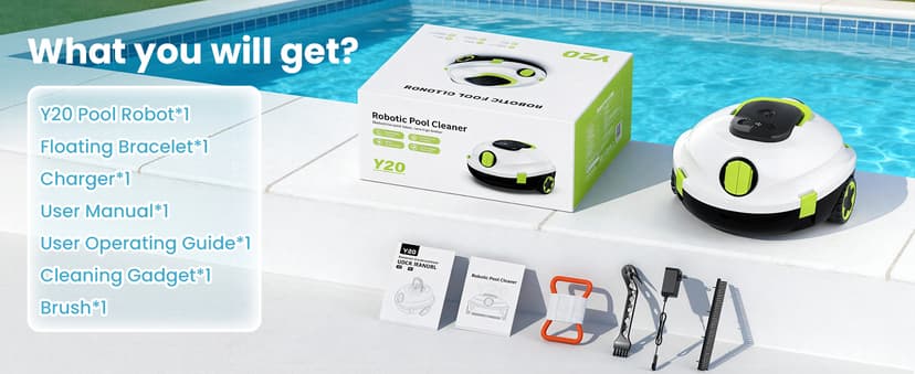 Y20 Robotic Pool Cleaner, Cordless Pool Vacuum for Above Ground & Inground Flat Pools with Dual Motors, 120 Min Runtime, Auto-Parking, Powerful Pool Vacuum Robot for Up to 1100 Sq.Ft