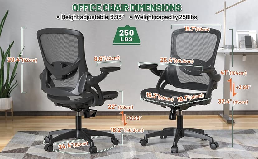 Ergonomic Comfy Mesh Home Office Computer Desk Chair with Height Adjustable Lumbar Support with Flip up Arms for Adult