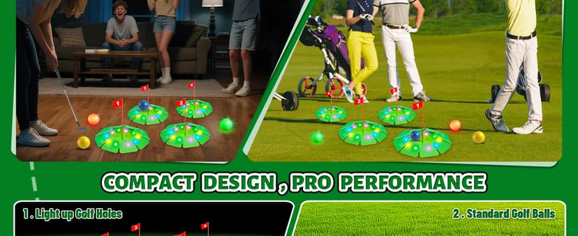 VATOS Light up Golf Putting Game Set - Glow Mini Golf Toy with 4 LED Holes, 4 Balls(2 Glow), Extendable Putter,Build Your Own Course at Home Indoor Outdoor Family Fun Golf Gifts for Kids Adults Golfer