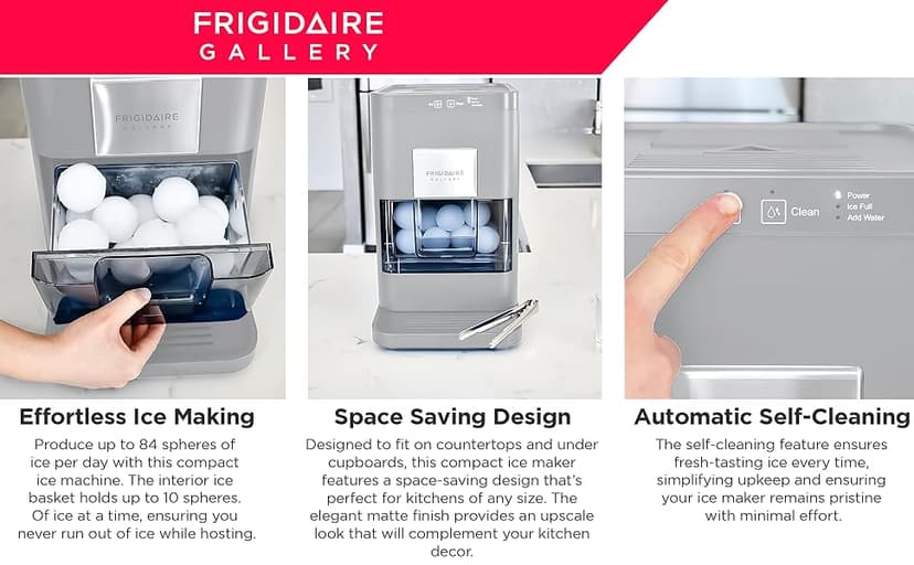Frigidaire, Countertop Artisanal Sphere Ice Machine, Transparent Window, Gourmet Ice Maker, 84 Sphere per Day Capacity, Auto Self Cleaning Ice Making Machine - 16.75" D x 11.75" W x 20.25" H (Grey)