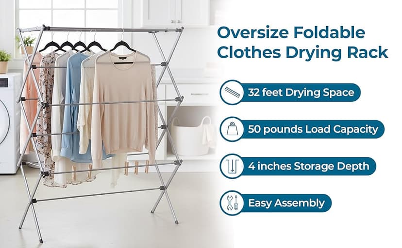 Honey-Can-Do Collapsible Laundry Drying Rack, Sturdy Steel, Foldable & Portable Clothes Drying Rack, Space-Saving Design, Indoor & Outdoor Drying, Ideal for Laundry Room 50lb Capacity, Silver