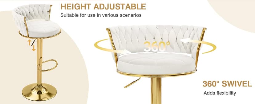 VECELO Bar Stools Set of 2, Adjustable Barstools Counter Height Stools with Back and Arm, Velvet Woven Kitchen Island Stools w/Gold Metal Leg & Base, 360° Swivel Bar Chair for Pubs Dining Room, White