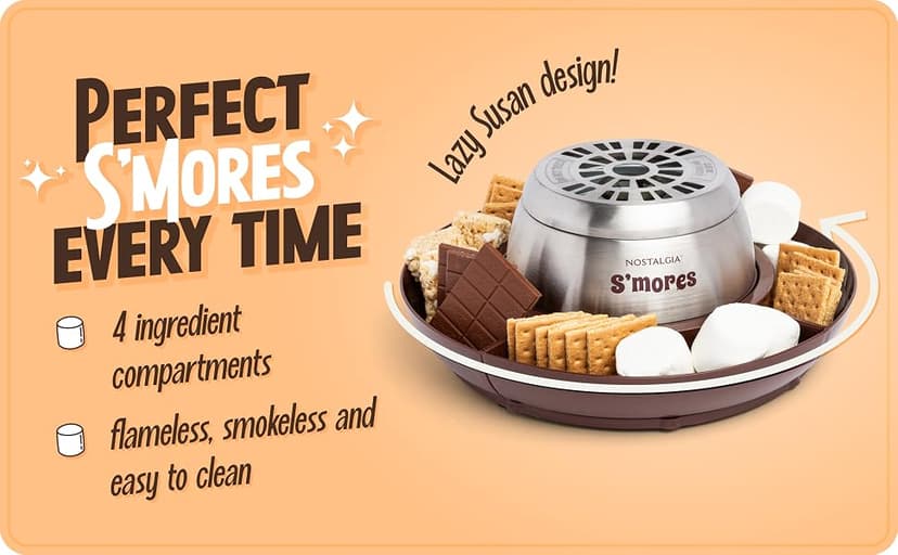 Nostalgia Tabletop Indoor Electric S'mores Maker - Smores Kit With Marshmallow Roasting Sticks and 4 Trays for Graham Crackers, Chocolate, and Marshmallows - Movie Night Supplies - Brown