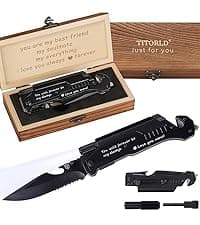 Gifts for Him Men Husband, Christmas Stocking Stuffers, Anniversary Birthday Gifts ideas for Him, Engraved Pocket Knife, Wooden Handle Folding Knife with Wood Box, Unique Outdoor Camping Hiking Tool
