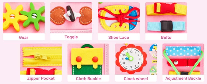 Montessori Busy Board for Toddlers 1-4 Years Old – Sensory Educational Toy for Fine Motor Skills, Travel-Friendly Activity Book, for Boys & Girls, Pink