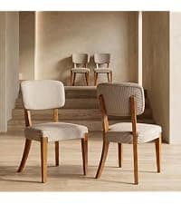 OVENTA Modern Armless Dining Chairs Set of 4, Mid-Century Contemporary Side Chairs with Solid Rubber Wood Legs, Beige Upholstered Fabric Accent Chairs for Dining Room, Kitchen, Living Room
