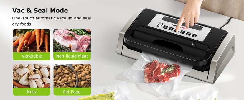 Bonsenkitchen Vacuum Sealer Machine, Globefish Technology for Perfect Vacuum Sealing, Powerful Low-Noise Food Vacuum Sealer with Easy Handle Design, Built-in Cutter & Bag Storage, 1 Bag Roll & 10 Bags