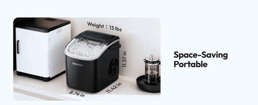 EUHOMY Countertop Ice Maker Machine with Handle, 26lbs in 24Hrs, 9 Ice Cubes Ready in 6 Mins, Auto-Cleaning Portable Ice Maker with Basket and Scoop, for Home/Kitchen/Camping/RV. (Black)