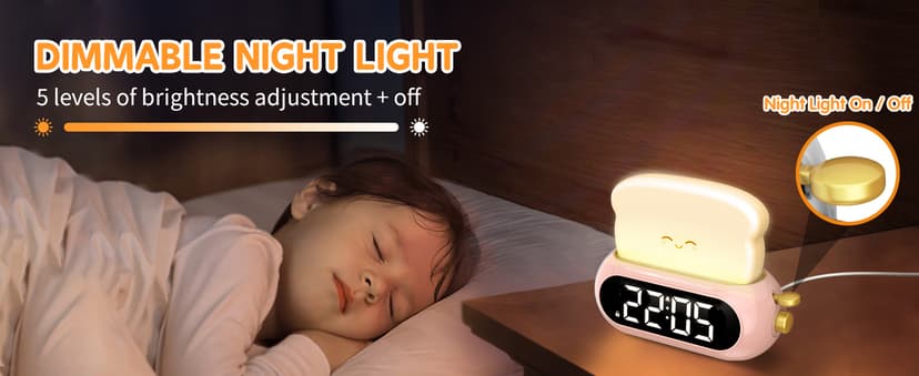 Cute Digital Clock for Bedrooms, Kids Alarm Clocks with Night Light Lamp, 10 Alarm Tones, Adjustable Brightness, Nap Timer, Snooze, Power-off Memory, Bedside Clocks for Girls Kids Teens Birthday Gifts
