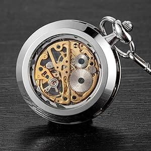 VIGOROSO Mens Classic Steampunk Pocket Watch with Chain Skeleton Hand Wind Mechanical Pocket Watches for Men & Women