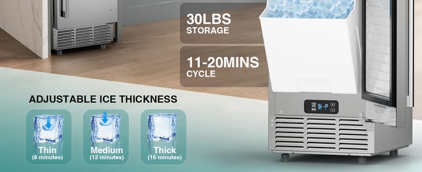 Commercial Under Counter Ice Maker 100 Lbs/Day with 30 LBS Storage Bin, Freestanding Built-in Ice Maker, 15" W Undercounter Ice Machine with Self Cleaning for Home/Bar/Cafe/Restaurant, Silver