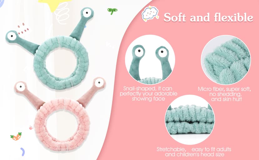 Molain Face Wash Headband, Palm and Snail Spa Hair Bands Makeup Headbands Women Cartoon Cute Coral Fleece Elastic Headband Creative Hair Accessories for Washing Face Shower Beauty Skincare