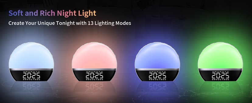 SoundLegend FM Radio Sunrise Alarm Clock Sound Machine Wake-Up Light Sunrise Sunset Simulation Adjustable Volume Brightness Sleep Aid 13 Colors 23 Sounds 28 Tunes Snooze Dual Alarm 4 Timers