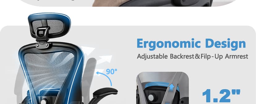 Office Chair, Ergonomic Office Chair with Headrest, Comfy Home Office Desk Chairs with Lumbar Support & Flip-up Armrests, 330LBS High Back Mesh Computer Desk Chair for Home Office, Black