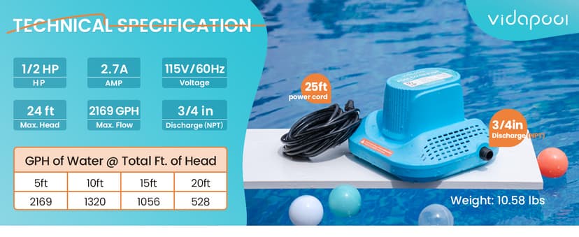 1/2 HP Pool Cover Pump Automatic On Off, Submersible Sump Pump Inground/Above Ground, 2169 GPH Water Removal Pump with 25 Feet Power Cord for Swimming Pool, Pond, Basement, Window Well