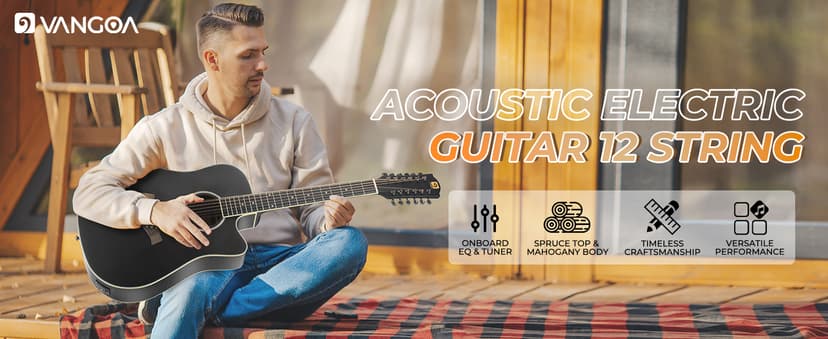 Vangoa 12 String Guitar Acoustic Electric, Upgraded Guitar 12 Strings Bundle for Beginner Intermediate Adults Teens, Guitarra de 12 Cuerdas, Spruce Top Bone Nut, Black, Matte