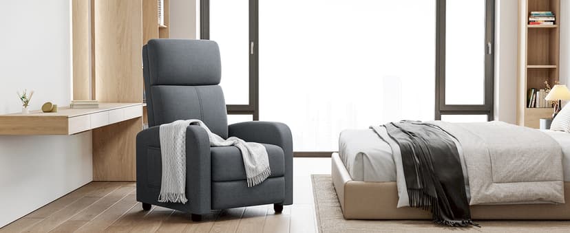 GarveeHome Linen Fabric Manual Recliner Chair, with Side Pocket, High Backrest, Thick Cushion, Adjustable Push Back Recliner,Cozy Lounge Chair for Living Room, Home Theater, Bedroom, Dark Gray